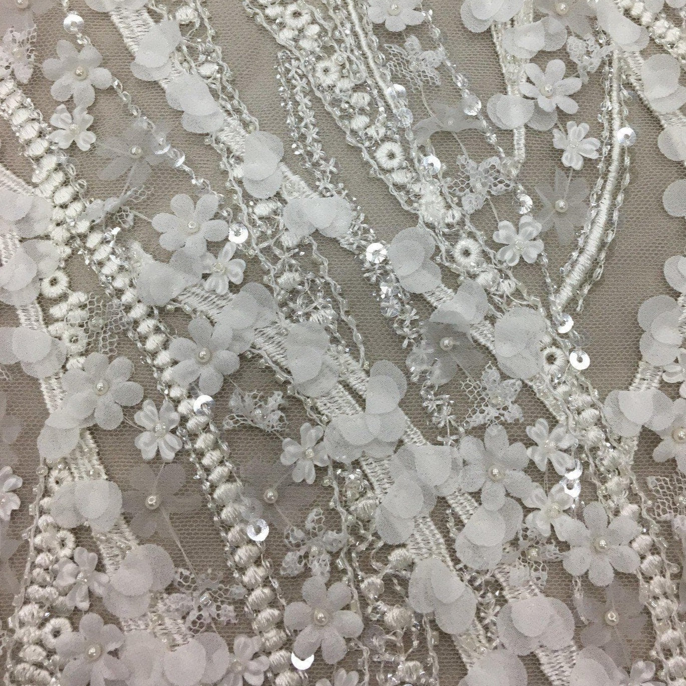 3D IVORY BEADED FLORAL TULLE