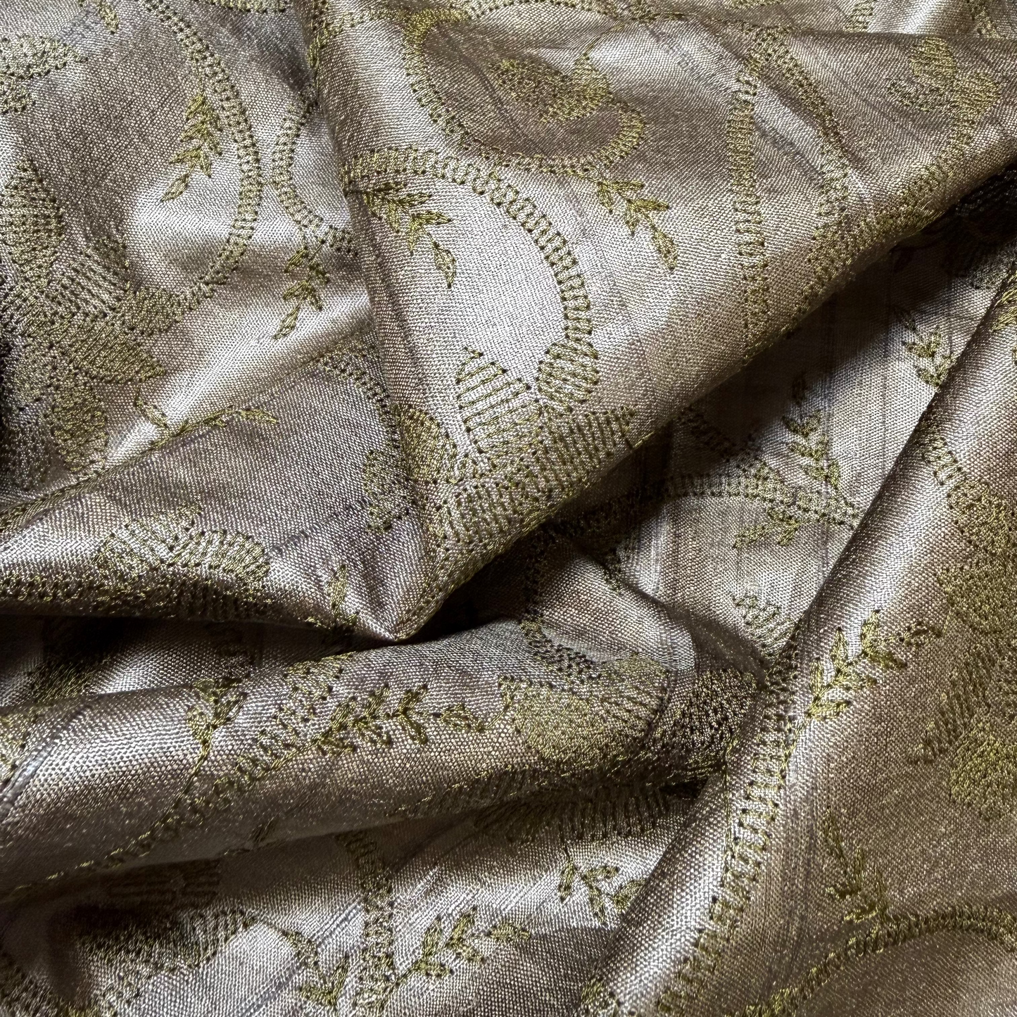 EMBROIDERED BOTANICAL TUSSAR SILK IN OLIVE