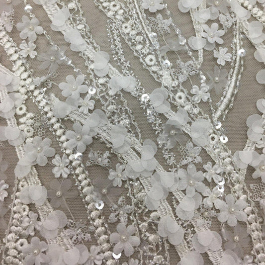 3D IVORY BEADED FLORAL TULLE