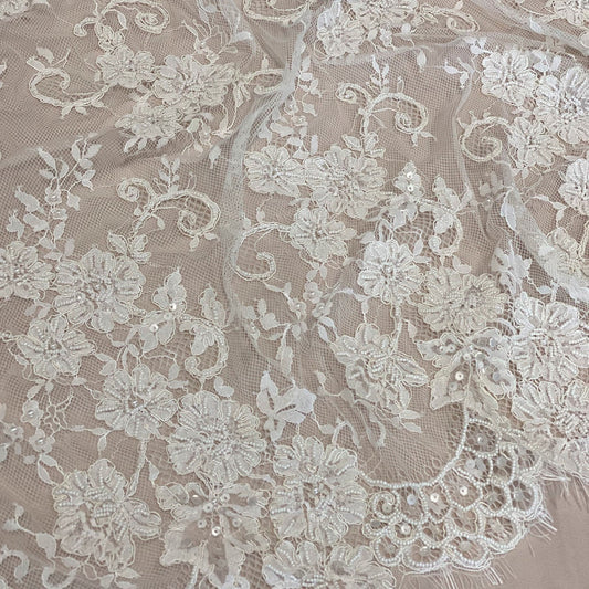 IVORY BEADED & CORDED FLORAL LACE