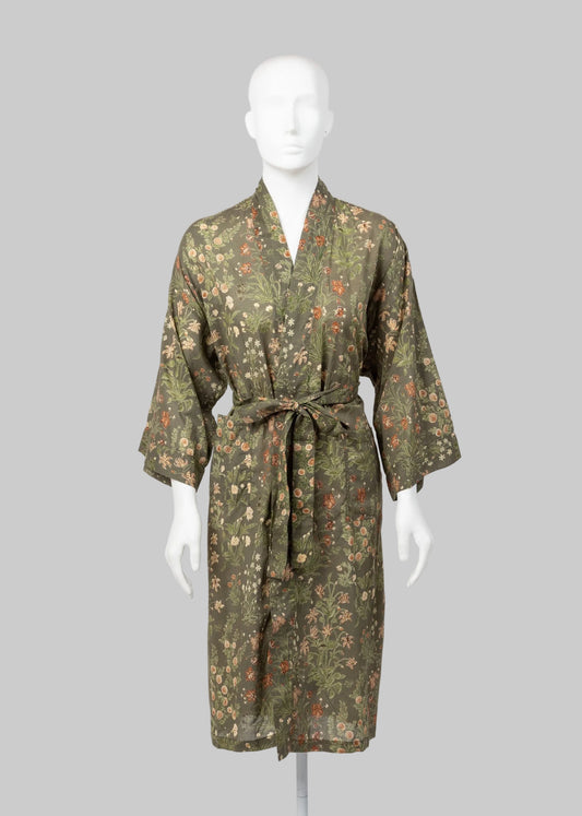 Cotton Kimono Robe in Olive Flower