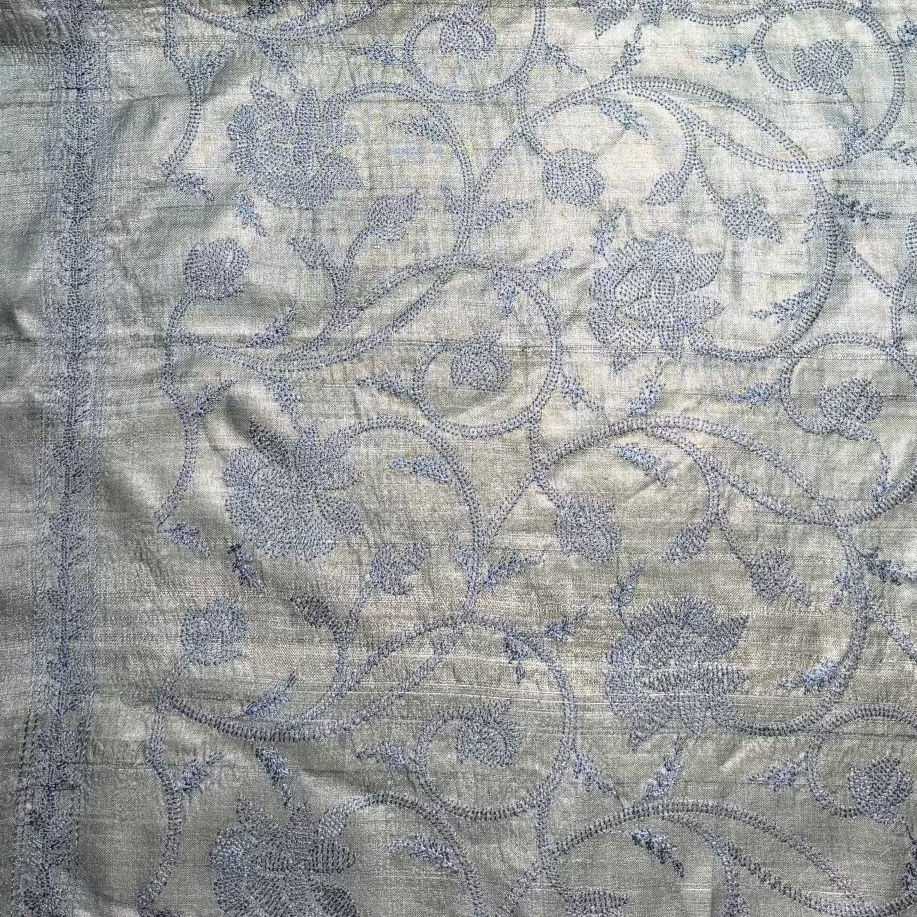 EMBROIDERED BOTANICAL TUSSAR SILK IN TEAL