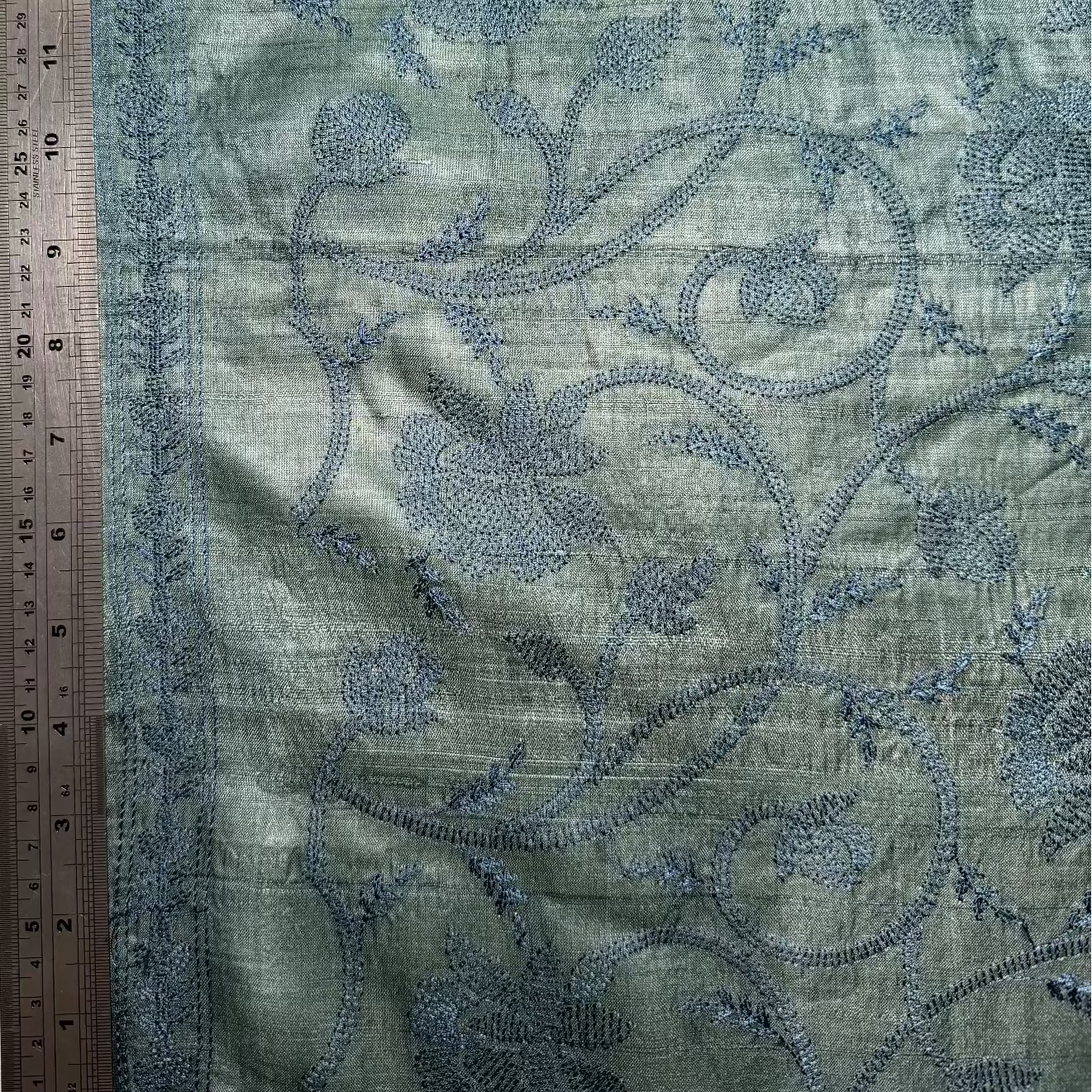 EMBROIDERED BOTANICAL TUSSAR SILK IN TEAL
