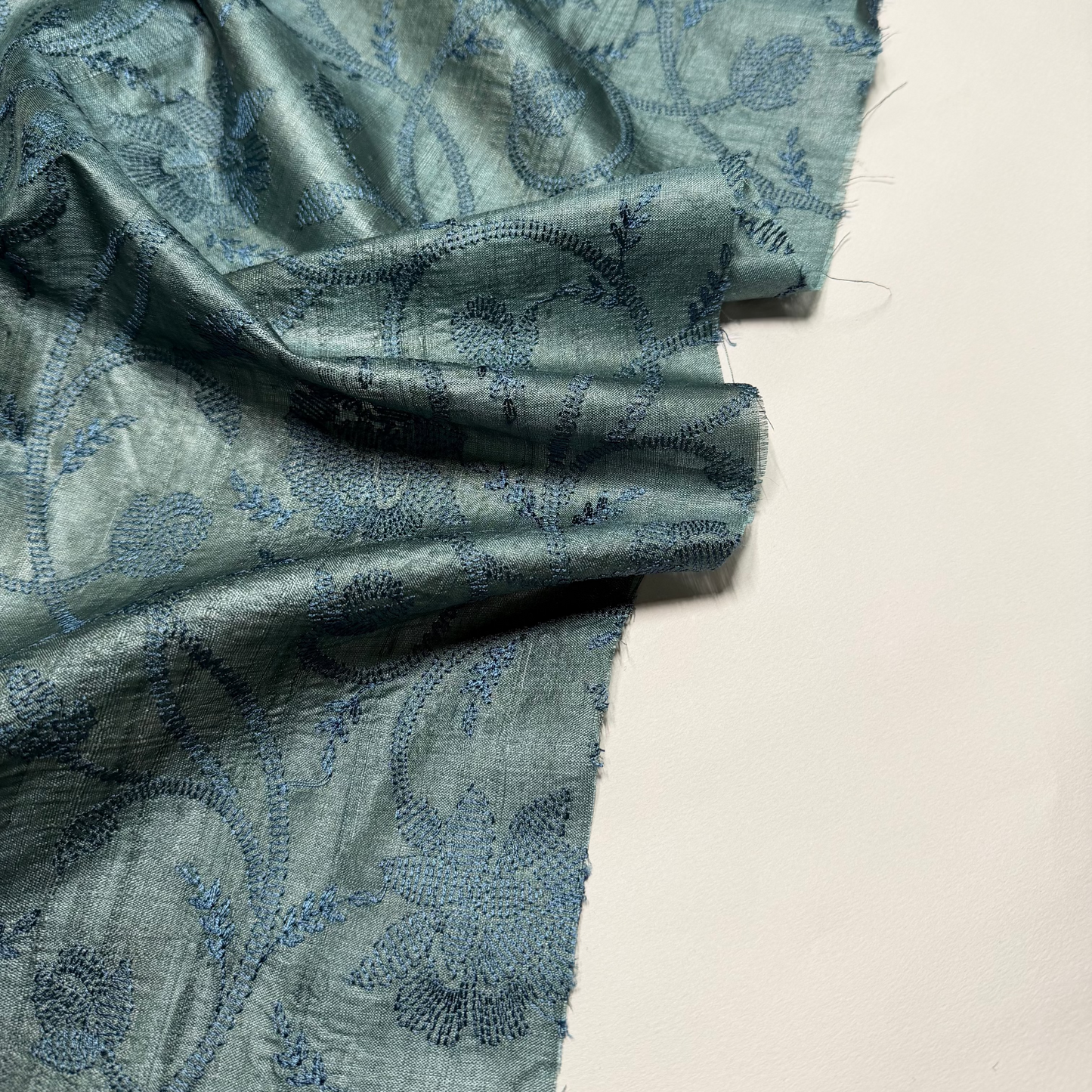 EMBROIDERED BOTANICAL TUSSAR SILK IN TEAL
