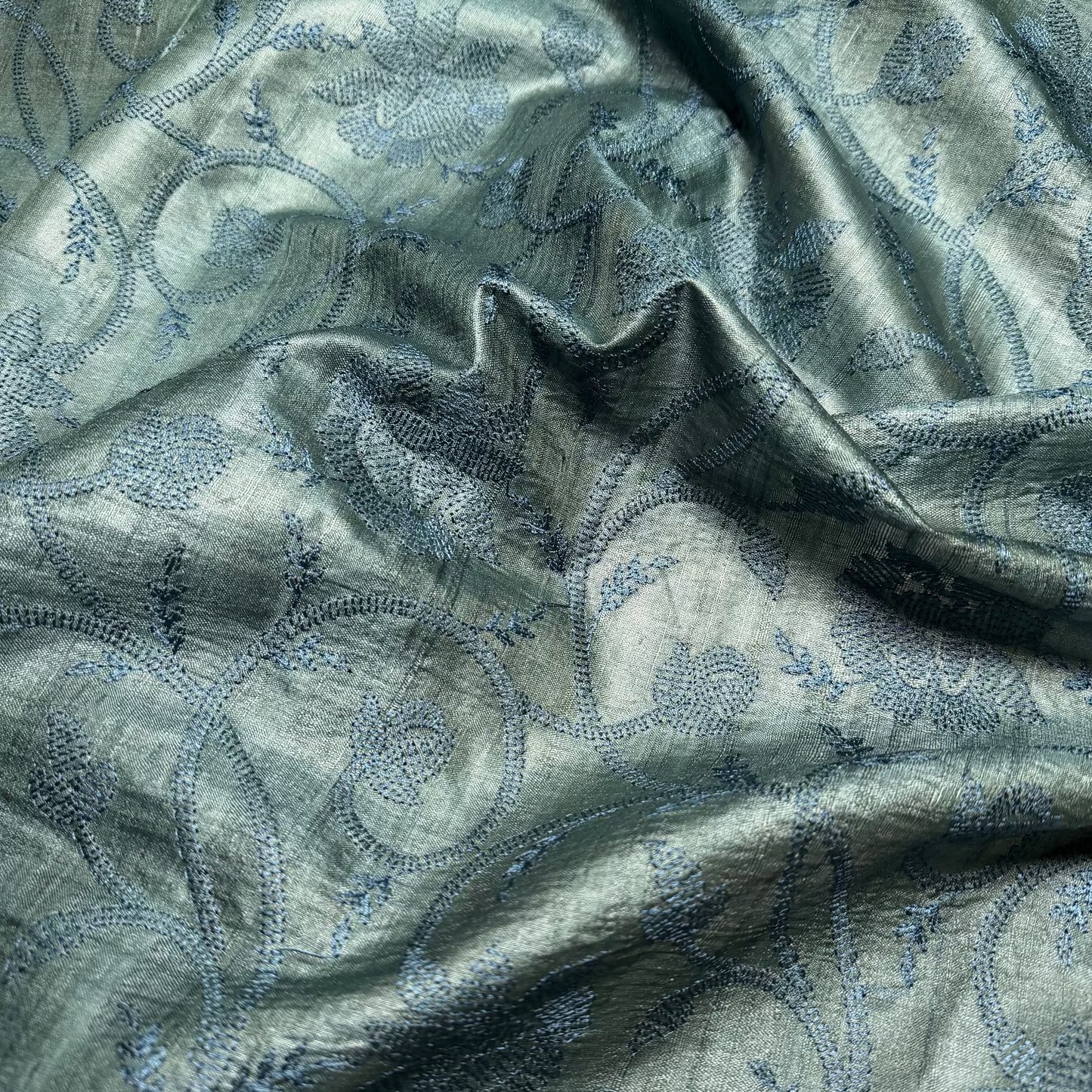 EMBROIDERED BOTANICAL TUSSAR SILK IN TEAL