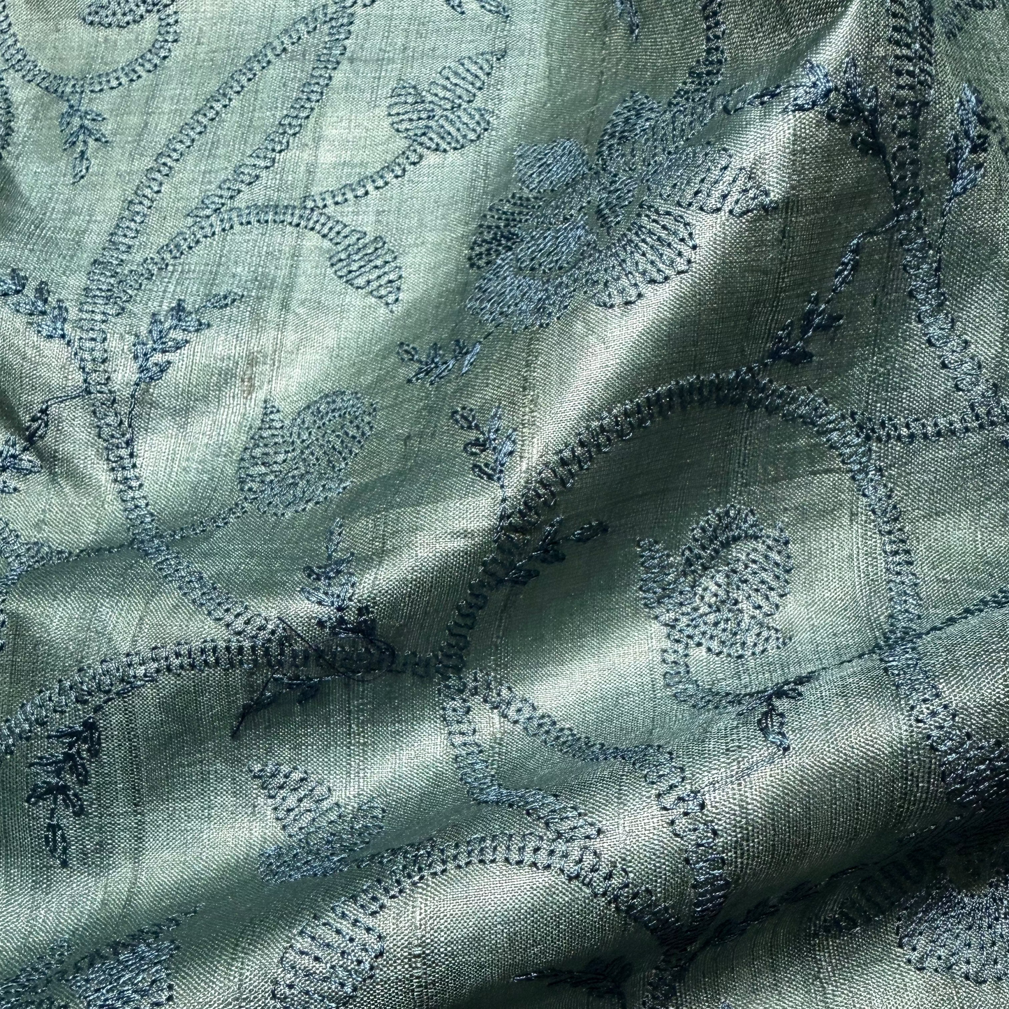 EMBROIDERED BOTANICAL TUSSAR SILK IN TEAL