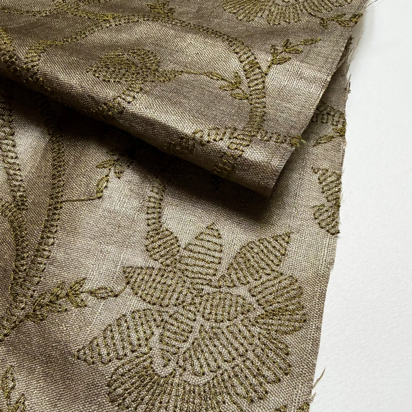 EMBROIDERED BOTANICAL TUSSAR SILK IN OLIVE