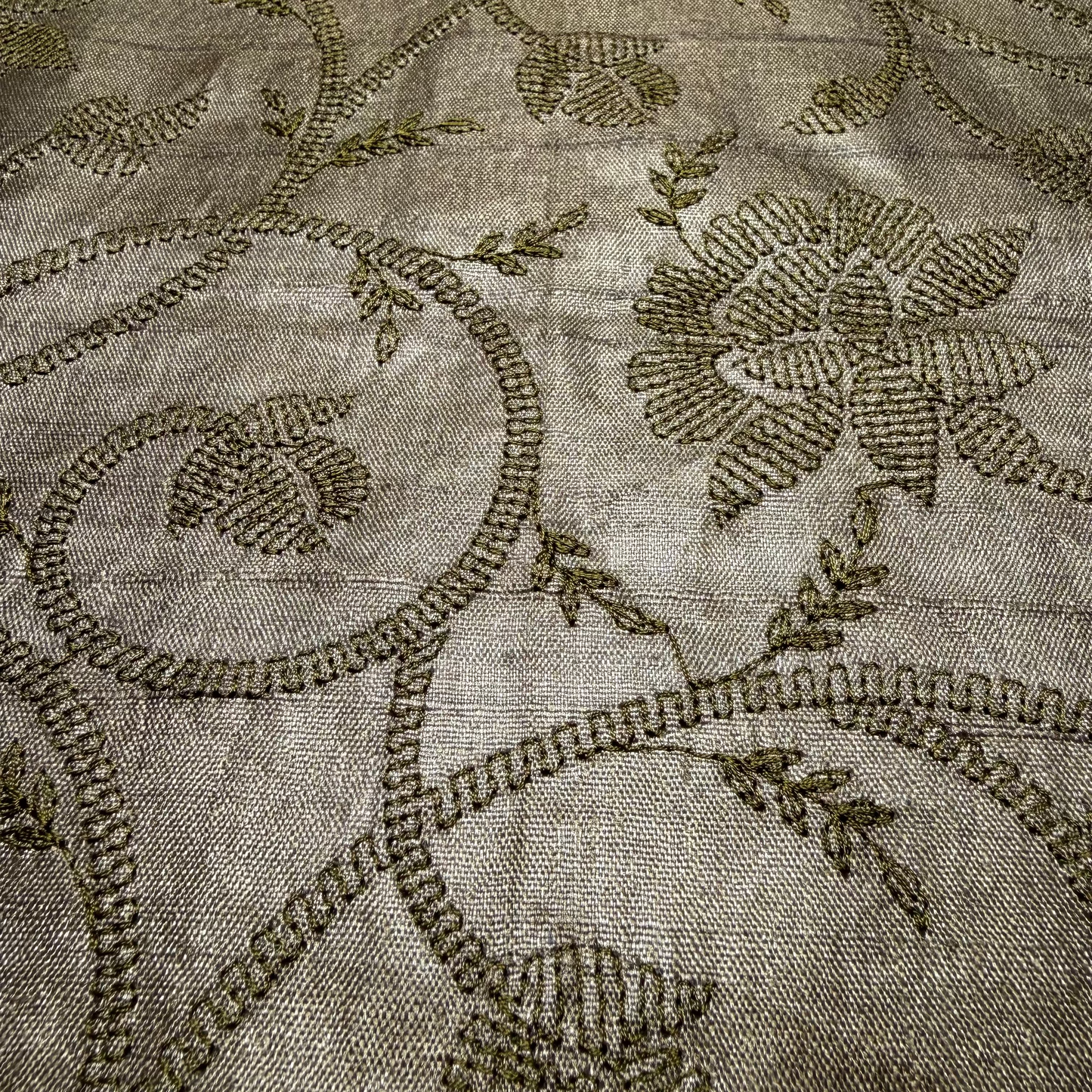 EMBROIDERED BOTANICAL TUSSAR SILK IN OLIVE
