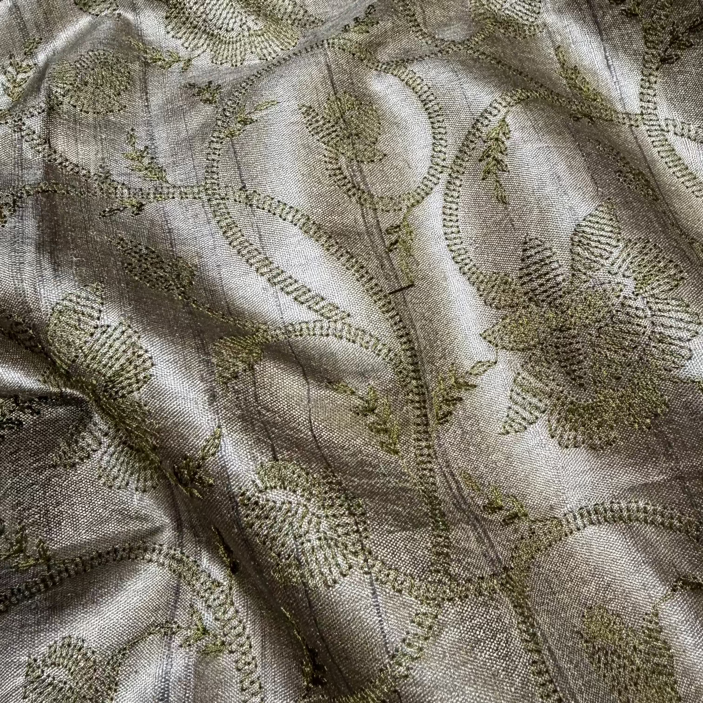 EMBROIDERED BOTANICAL TUSSAR SILK IN OLIVE