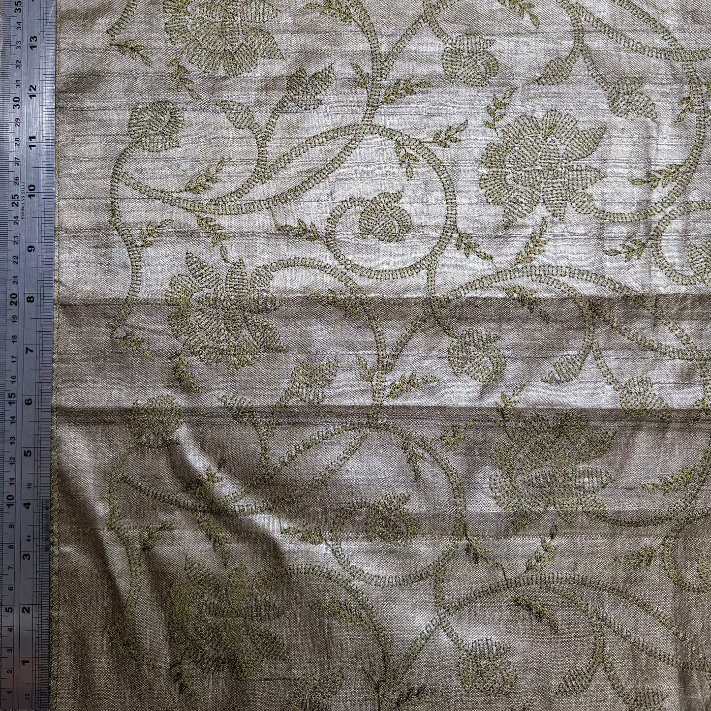 EMBROIDERED BOTANICAL TUSSAR SILK IN OLIVE