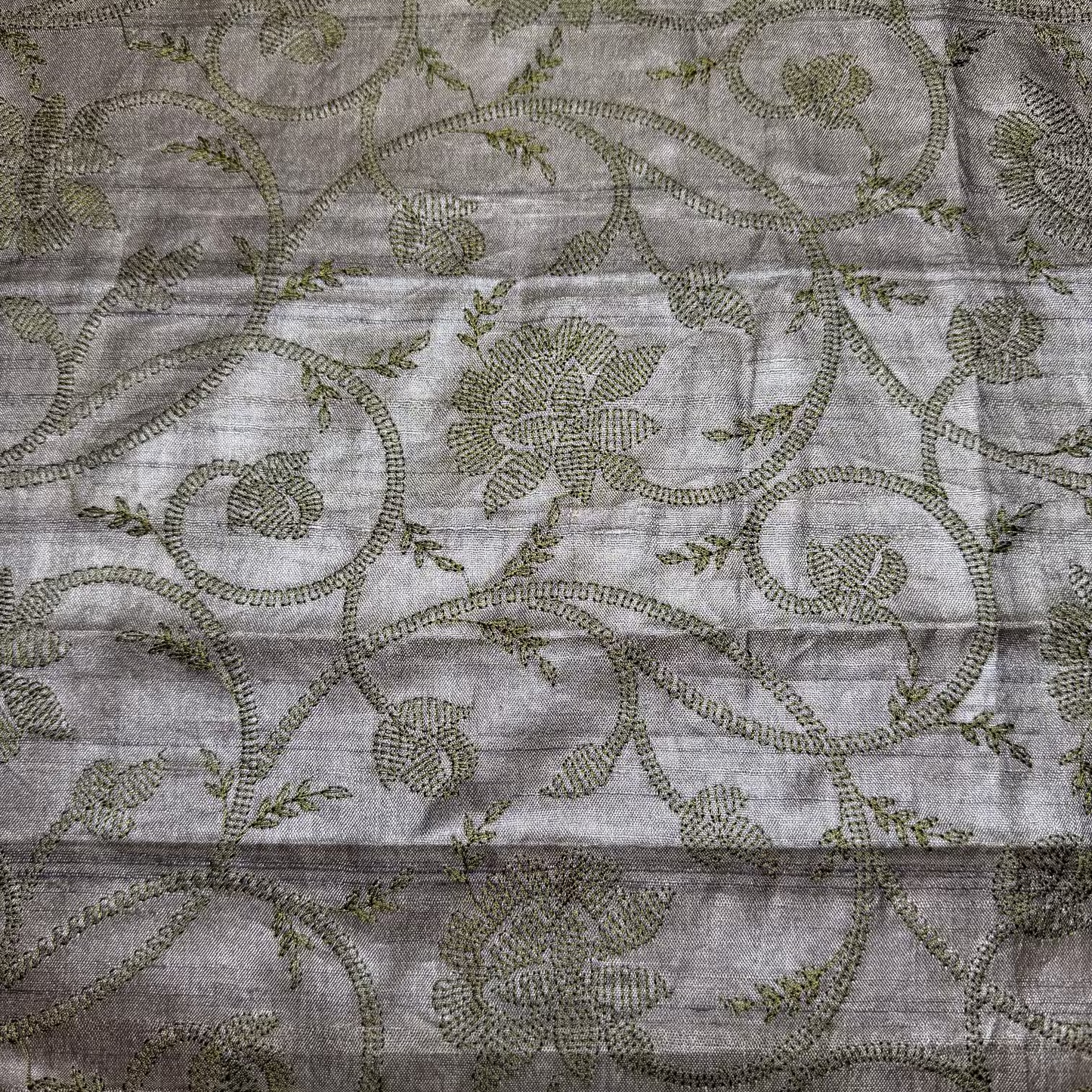 EMBROIDERED BOTANICAL TUSSAR SILK IN OLIVE