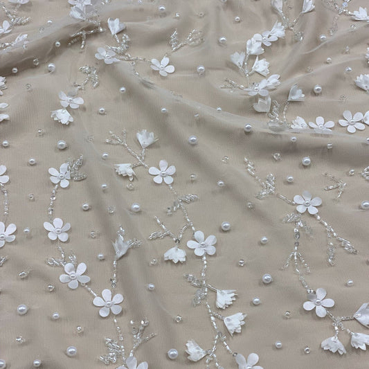 3D IVORY EMBELLISHED FLORAL TULLE