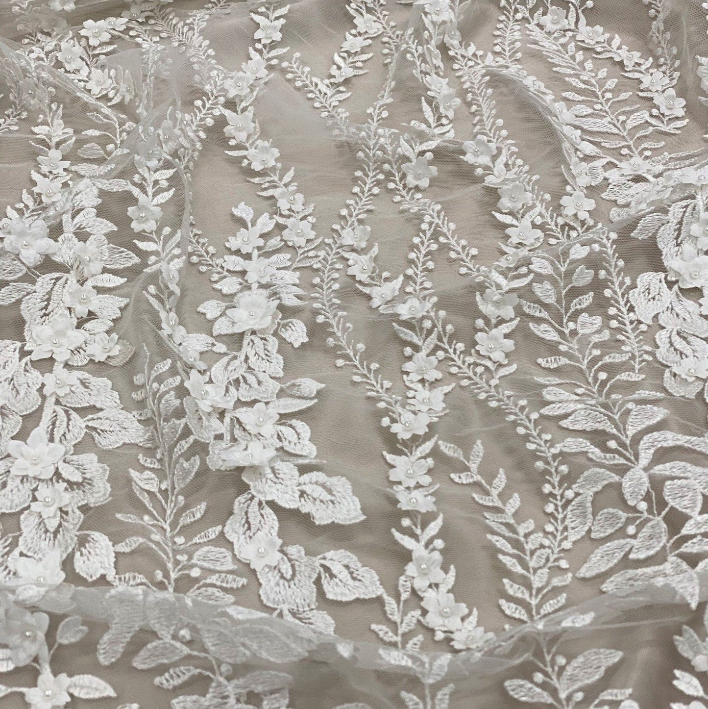 3D IVORY EMBELLISHED FLORAL TULLE