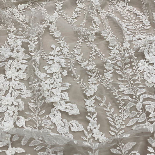 3D IVORY EMBELLISHED FLORAL TULLE