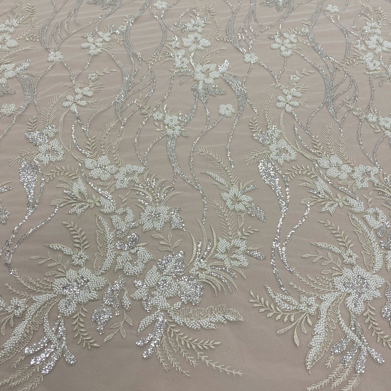 IVORY SILVER EMBELLISHED FLORAL TULLE