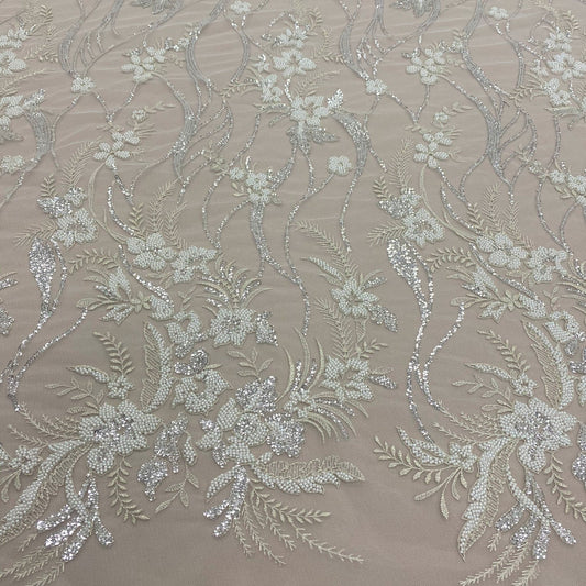 IVORY SILVER EMBELLISHED FLORAL TULLE