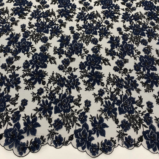 3D NAVY FLORAL TULLE